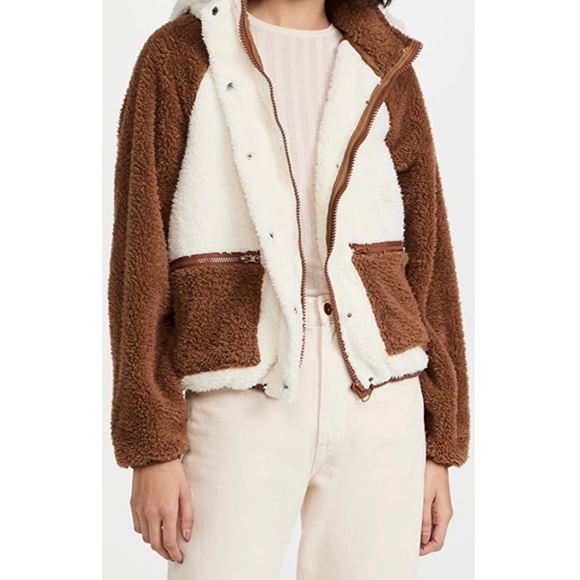 Revolve X Plush Sherpa Zip Jacket With Removable Hood Tan Ivory - Picture 1 of 16